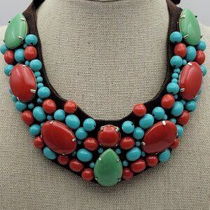 Multicolor Acrylic Bead Handmade Bib Necklace Brown Fabric Tie-Ribbon Up to 30"